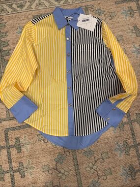 Colorblock Striped Button-Down Shirt - Yellow, Black & Blue